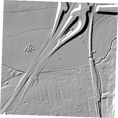 Shaded relief map of the ground around SS170GF, computed from Environment Agency LiDAR. The ground here sits at about 7 m above sea level and falls 15 m across the surrounding 800 m. Surface water reaching this point runs off ground lying to the west, 1.3 m higher.