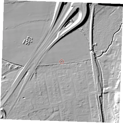 Shaded relief map of the ground around SS170GH, computed from Environment Agency LiDAR. The ground here sits at about 6 m above sea level and falls 14 m across the surrounding 800 m. Surface water reaching this point runs off ground lying to the south-west, 5.5 m higher.