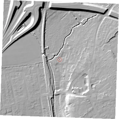 Shaded relief map of the ground around SS170GX, computed from Environment Agency LiDAR. The ground here sits at about 5 m above sea level and falls 16 m across the surrounding 800 m. Surface water reaching this point runs off ground lying to the east, 8.1 m higher.