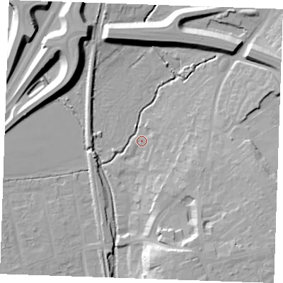 Shaded relief map of the ground around SS170GZ, computed from Environment Agency LiDAR. The ground here sits at about 6 m above sea level and falls 16 m across the surrounding 800 m. Surface water reaching this point runs off ground lying to the east-south-east, 8.2 m higher.