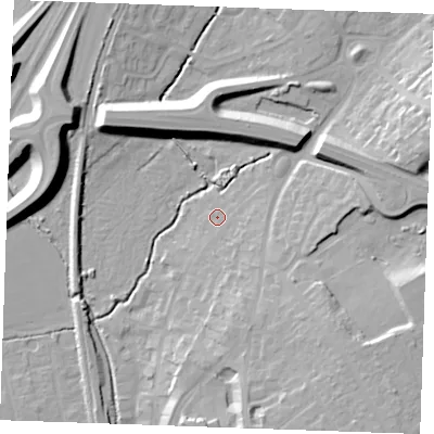 Shaded relief map of the ground around SS170HZ, computed from Environment Agency LiDAR. The ground here sits at about 7 m above sea level and falls 16 m across the surrounding 800 m. Surface water reaching this point runs off ground lying to the south-east, 10.5 m higher.