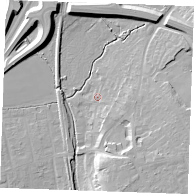 Shaded relief map of the ground around SS170JA, computed from Environment Agency LiDAR. The ground here sits at about 7 m above sea level and falls 16 m across the surrounding 800 m. Surface water reaching this point runs off ground lying to the east, 7.8 m higher.
