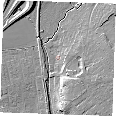 Shaded relief map of the ground around SS170JD, computed from Environment Agency LiDAR. The ground here sits at about 7 m above sea level and falls 16 m across the surrounding 800 m. Surface water reaching this point runs off ground lying to the south-east, 13.5 m higher.