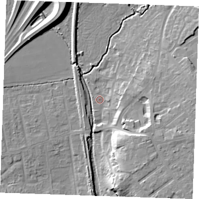 Shaded relief map of the ground around SS170JE, computed from Environment Agency LiDAR. The ground here sits at about 6 m above sea level and falls 16 m across the surrounding 800 m. Surface water reaching this point runs off ground lying to the east, 2.0 m higher.