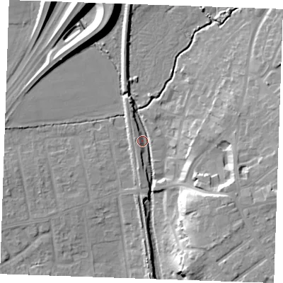 Shaded relief map of the ground around SS170JG, computed from Environment Agency LiDAR. The ground here sits at about 6 m above sea level and falls 16 m across the surrounding 800 m. Surface water reaching this point runs off ground lying to the east, 11.2 m higher.