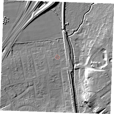 Shaded relief map of the ground around SS170JH, computed from Environment Agency LiDAR. The ground here sits at about 6 m above sea level and falls 17 m across the surrounding 800 m. Surface water reaching this point runs off ground lying to the north-north-east, 3.0 m higher.