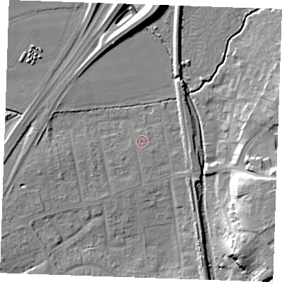 Shaded relief map of the ground around SS170JJ, computed from Environment Agency LiDAR. The ground here sits at about 6 m above sea level and falls 17 m across the surrounding 800 m. Surface water reaching this point runs off ground lying to the south-east, 0.6 m higher.