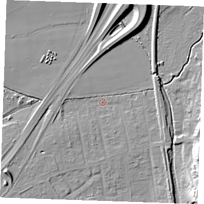 Shaded relief map of the ground around SS170JN, computed from Environment Agency LiDAR. The ground here sits at about 6 m above sea level and falls 14 m across the surrounding 800 m. Surface water reaching this point runs off ground lying to the south-west, 5.2 m higher.