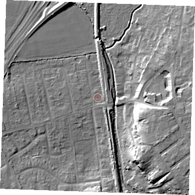Shaded relief map of the ground around SS170JR, computed from Environment Agency LiDAR. The ground here sits at about 6 m above sea level and falls 17 m across the surrounding 800 m. Surface water reaching this point runs off ground lying to the south, 8.1 m higher.