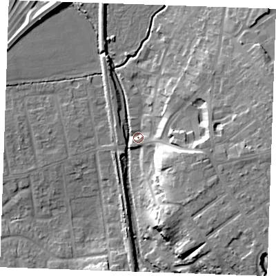 Shaded relief map of the ground around SS170JU, computed from Environment Agency LiDAR. The ground here sits at about 6 m above sea level and falls 18 m across the surrounding 800 m. Surface water reaching this point runs off ground lying to the east-south-east, 15.3 m higher.