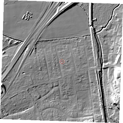 Shaded relief map of the ground around SS170JW, computed from Environment Agency LiDAR. The ground here sits at about 7 m above sea level and falls 15 m across the surrounding 800 m. Surface water reaching this point runs off ground lying to the west-south-west, 7.3 m higher.