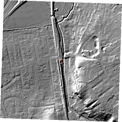 Shaded relief map of the ground around SS170JX, computed from Environment Agency LiDAR. The ground here sits at about 7 m above sea level and falls 17 m across the surrounding 800 m. Surface water reaching this point runs off ground lying to the east, 15.5 m higher.
