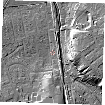Shaded relief map of the ground around SS170JY, computed from Environment Agency LiDAR. The ground here sits at about 5 m above sea level and falls 17 m across the surrounding 800 m. Surface water reaching this point runs off ground lying to the south, 12.2 m higher.