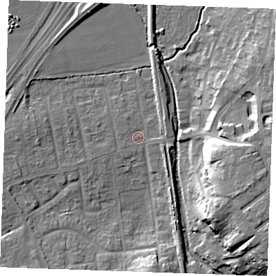 Shaded relief map of the ground around SS170LB, computed from Environment Agency LiDAR. The ground here sits at about 6 m above sea level and falls 17 m across the surrounding 800 m. Surface water reaching this point runs off ground lying to the south, 9.2 m higher.
