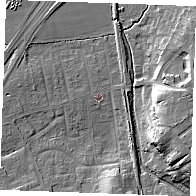 Shaded relief map of the ground around SS170LE, computed from Environment Agency LiDAR. The ground here sits at about 6 m above sea level and falls 17 m across the surrounding 800 m. Surface water reaching this point runs off ground lying to the south, 10.9 m higher.