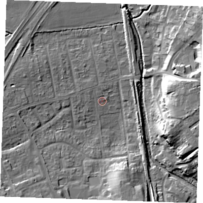 Shaded relief map of the ground around SS170LF, computed from Environment Agency LiDAR. The ground here sits at about 5 m above sea level and falls 17 m across the surrounding 800 m. Surface water reaching this point runs off ground lying to the south-south-east, 11.5 m higher.