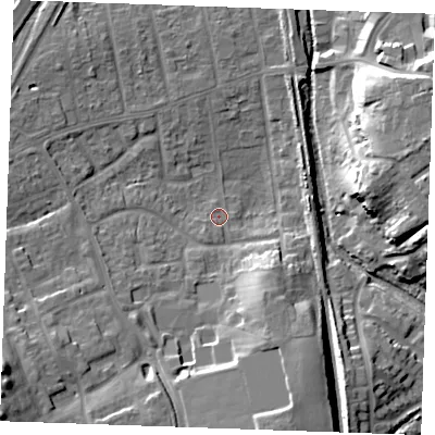 Shaded relief map of the ground around SS170LH, computed from Environment Agency LiDAR. The ground here sits at about 5 m above sea level and falls 18 m across the surrounding 800 m. Surface water reaching this point runs off ground lying to the south-south-east, 13.3 m higher.