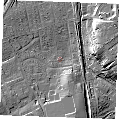 Shaded relief map of the ground around SS170LJ, computed from Environment Agency LiDAR. The ground here sits at about 5 m above sea level and falls 17 m across the surrounding 800 m. Surface water reaching this point runs off ground lying to the south-south-east, 13.3 m higher.