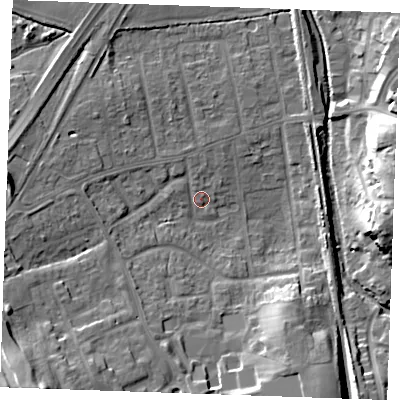Shaded relief map of the ground around SS170NE, computed from Environment Agency LiDAR. The ground here sits at about 6 m above sea level and falls 17 m across the surrounding 800 m. Surface water reaching this point runs off ground lying to the south-west, 15.9 m higher.