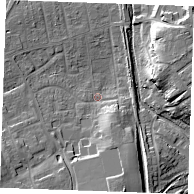 Shaded relief map of the ground around SS170NJ, computed from Environment Agency LiDAR. The ground here sits at about 6 m above sea level and falls 17 m across the surrounding 800 m. Surface water reaching this point runs off ground lying to the south, 13.5 m higher.