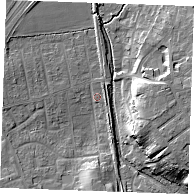 Shaded relief map of the ground around SS170NR, computed from Environment Agency LiDAR. The ground here sits at about 6 m above sea level and falls 17 m across the surrounding 800 m. Surface water reaching this point runs off ground lying to the south, 11.0 m higher.