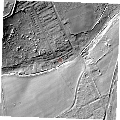 Shaded relief map of the ground around SS170QJ, computed from Environment Agency LiDAR. The ground here sits at about 5 m above sea level and falls 23 m across the surrounding 800 m. Surface water reaching this point runs off ground lying to the north-west, 21.1 m higher.