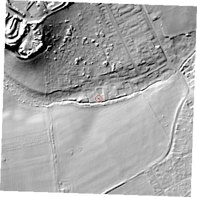 Shaded relief map of the ground around SS170QL, computed from Environment Agency LiDAR. The ground here sits at about 6 m above sea level and falls 26 m across the surrounding 800 m. Surface water reaching this point runs off ground lying to the north-west, 23.6 m higher.