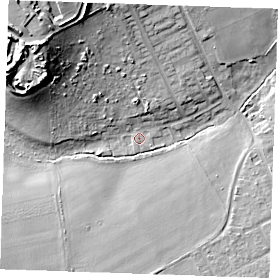 Shaded relief map of the ground around SS170QR, computed from Environment Agency LiDAR. The ground here sits at about 6 m above sea level and falls 26 m across the surrounding 800 m. Surface water reaching this point runs off ground lying to the north-west, 23.5 m higher.