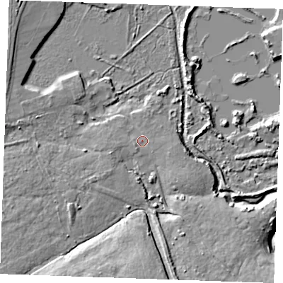 Shaded relief map of the ground around SS170RN, computed from Environment Agency LiDAR. The ground here sits at about 6 m above sea level and falls 14 m across the surrounding 800 m. Surface water reaching this point runs off ground lying to the south-south-east, 8.8 m higher.