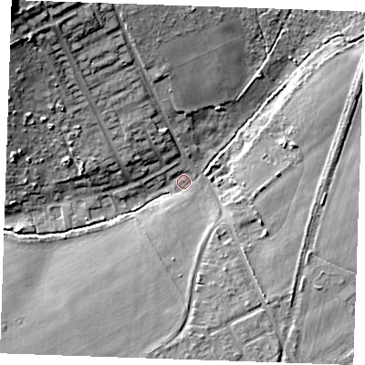 Shaded relief map of the ground around SS170RT, computed from Environment Agency LiDAR. The ground here sits at about 4 m above sea level and falls 23 m across the surrounding 800 m. Surface water reaching this point runs off ground lying to the north-west, 14.7 m higher.