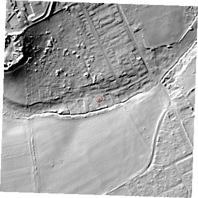 Shaded relief map of the ground around SS170SS, computed from Environment Agency LiDAR. The ground here sits at about 5 m above sea level and falls 26 m across the surrounding 800 m. Surface water reaching this point runs off ground lying to the north-west, 23.5 m higher.