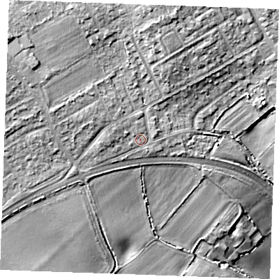 Shaded relief map of the ground around SS177QJ, computed from Environment Agency LiDAR. The ground here sits at about 19 m above sea level and falls 21 m across the surrounding 800 m. Surface water reaching this point runs off ground lying to the west, 2.4 m higher.