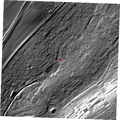 Shaded relief map of the ground around SS178AG, computed from Environment Agency LiDAR. The ground here sits at about 9 m above sea level and falls 20 m across the surrounding 800 m. Surface water reaching this point runs off ground lying to the north-north-west, 5.0 m higher.