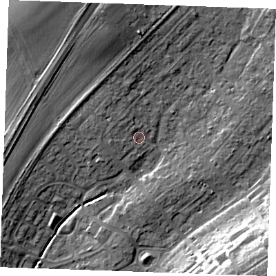 Shaded relief map of the ground around SS178AH, computed from Environment Agency LiDAR. The ground here sits at about 10 m above sea level and falls 19 m across the surrounding 800 m. Surface water reaching this point runs off ground lying to the west-north-west, 2.4 m higher.