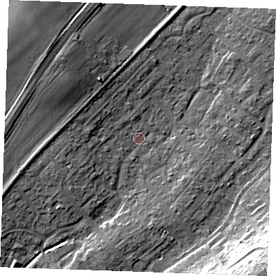 Shaded relief map of the ground around SS178BB, computed from Environment Agency LiDAR. The ground here sits at about 9 m above sea level and falls 18 m across the surrounding 800 m. Surface water reaching this point runs off ground lying to the west-north-west, 5.1 m higher.