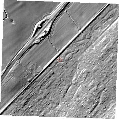 Shaded relief map of the ground around SS178BJ, computed from Environment Agency LiDAR. The ground here sits at about 11 m above sea level and falls 13 m across the surrounding 800 m. Surface water reaching this point runs off ground lying to the west-south-west, 1.9 m higher.