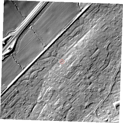 Shaded relief map of the ground around SS178BY, computed from Environment Agency LiDAR. The ground here sits at about 12 m above sea level and falls 12 m across the surrounding 800 m. Surface water reaching this point runs off ground lying to the north-north-east, 4.5 m higher.