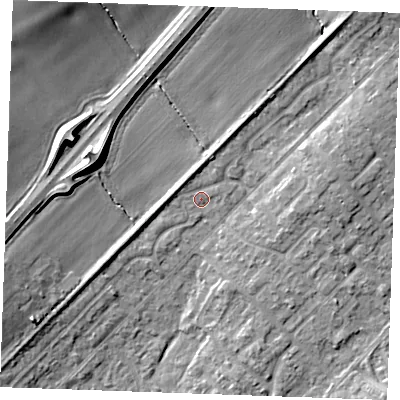 Shaded relief map of the ground around SS178BZ, computed from Environment Agency LiDAR. The ground here sits at about 12 m above sea level and falls 13 m across the surrounding 800 m. Surface water reaching this point runs off ground lying to the north, 1.9 m higher.