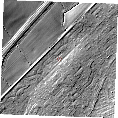 Shaded relief map of the ground around SS178DD, computed from Environment Agency LiDAR. The ground here sits at about 13 m above sea level and falls 13 m across the surrounding 800 m. Surface water reaching this point runs off ground lying to the north-north-east, 4.4 m higher.