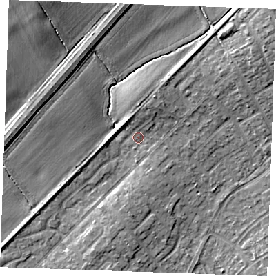 Shaded relief map of the ground around SS178DL, computed from Environment Agency LiDAR. The ground here sits at about 14 m above sea level and falls 10 m across the surrounding 800 m. Surface water reaching this point runs off ground lying to the north-east, 4.7 m higher.