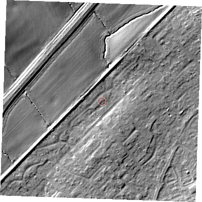 Shaded relief map of the ground around SS178DN, computed from Environment Agency LiDAR. The ground here sits at about 14 m above sea level and falls 12 m across the surrounding 800 m. Surface water reaching this point runs off ground lying to the north-east, 4.4 m higher.