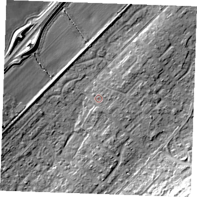 Shaded relief map of the ground around SS178EJ, computed from Environment Agency LiDAR. The ground here sits at about 12 m above sea level and falls 14 m across the surrounding 800 m. Surface water reaching this point runs off ground lying to the east, 1.4 m higher.
