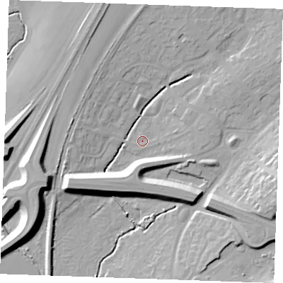 Shaded relief map of the ground around SS178QR, computed from Environment Agency LiDAR. The ground here sits at about 7 m above sea level and falls 15 m across the surrounding 800 m. Surface water reaching this point runs off ground lying to the south-west, 10.9 m higher.