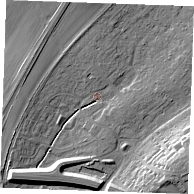 Shaded relief map of the ground around SS178QT, computed from Environment Agency LiDAR. The ground here sits at about 9 m above sea level and falls 19 m across the surrounding 800 m. Surface water reaching this point runs off ground lying to the south-west, 12.0 m higher.