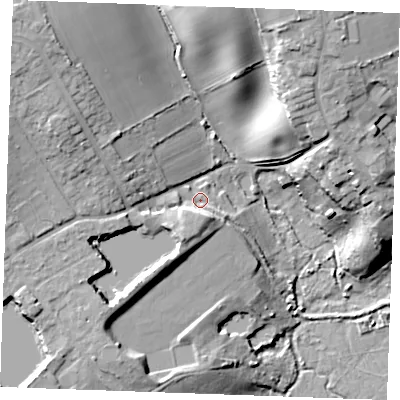 Shaded relief map of the ground around SS179DB, computed from Environment Agency LiDAR. The ground here sits at about 9 m above sea level and falls 26 m across the surrounding 800 m. Surface water reaching this point runs off ground lying to the south-south-west, 6.6 m higher.