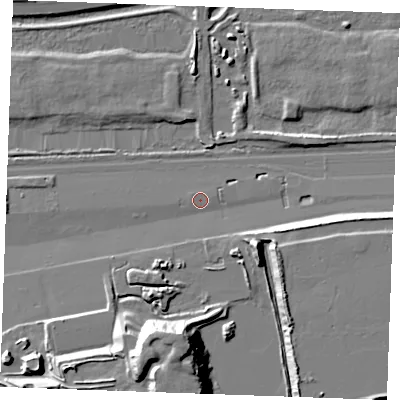 Shaded relief map of the ground around SS179DY, computed from Environment Agency LiDAR. The ground here sits at about 4 m above sea level and falls 21 m across the surrounding 800 m. Surface water reaching this point runs off ground lying to the south-east, 10.2 m higher.