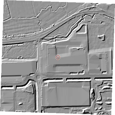 Shaded relief map of the ground around SS179ER, computed from Environment Agency LiDAR. The ground here sits at about 4 m above sea level and falls 9 m across the surrounding 800 m. Surface water reaching this point runs off ground lying to the east-north-east, 2.5 m higher.