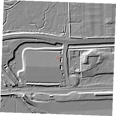 Shaded relief map of the ground around SS179FA, computed from Environment Agency LiDAR. The ground here sits at about 4 m above sea level and falls 10 m across the surrounding 800 m. Surface water reaching this point runs off ground lying to the south, 1.1 m higher.