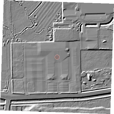Shaded relief map of the ground around SS179FD, computed from Environment Agency LiDAR. The ground here sits at about 4 m above sea level and falls 7 m across the surrounding 800 m. Surface water reaching this point runs off ground lying to the south, 1.9 m higher.