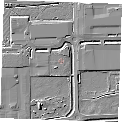 Shaded relief map of the ground around SS179FE, computed from Environment Agency LiDAR. The ground here sits at about 4 m above sea level and falls 7 m across the surrounding 800 m. Surface water reaching this point runs off ground lying to the south-west, 2.3 m higher.